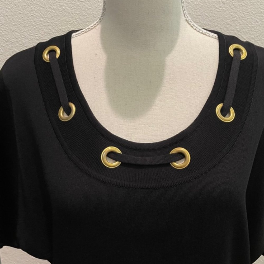 Misook Vintage Short Sleeve “Little Black Dress” with Gold Tone Grommet Detail - Picture 3 of 8